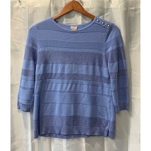 Chico’s Button Shoulder Woman’s Size M Striped Blue Pullover Sweater